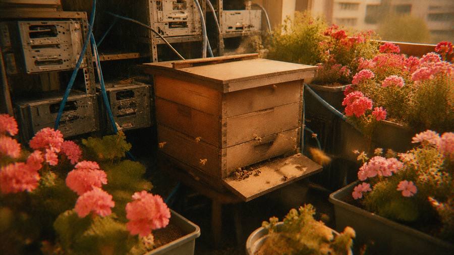 Une ruche au milieu des fleurs